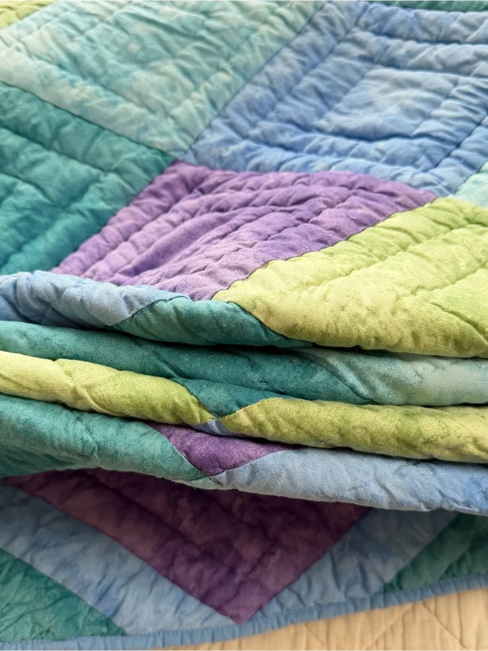 Vintage Pastel Patchwork Cotton  Queen Quilt – 85” x 90”